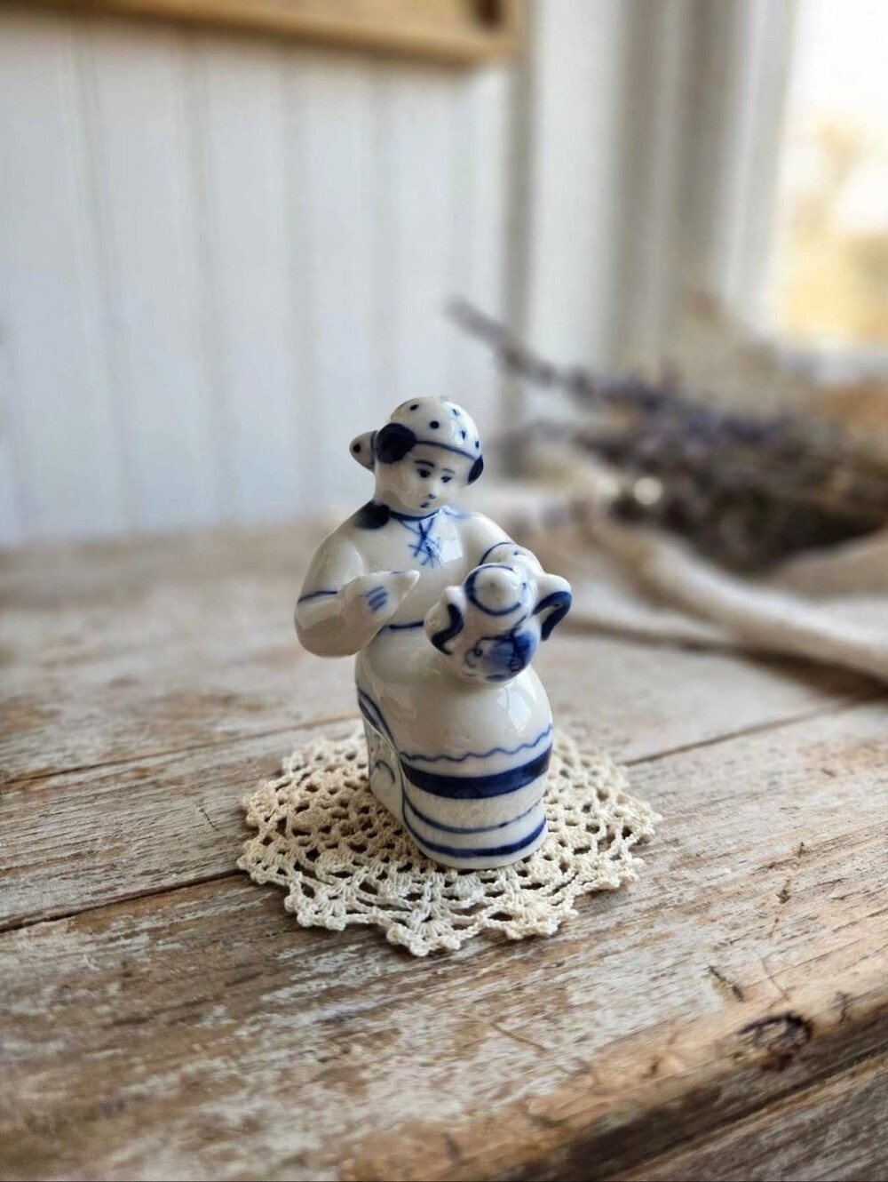 Vintage USSR Gzhel Blue & White Porcelain Figurine – Woman Painting Vase